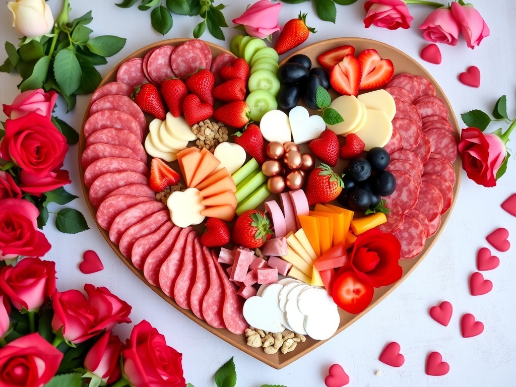 Heart-shaped charcuterie board with meats, cheeses, fruits, and vegetables, decorated with roses.
